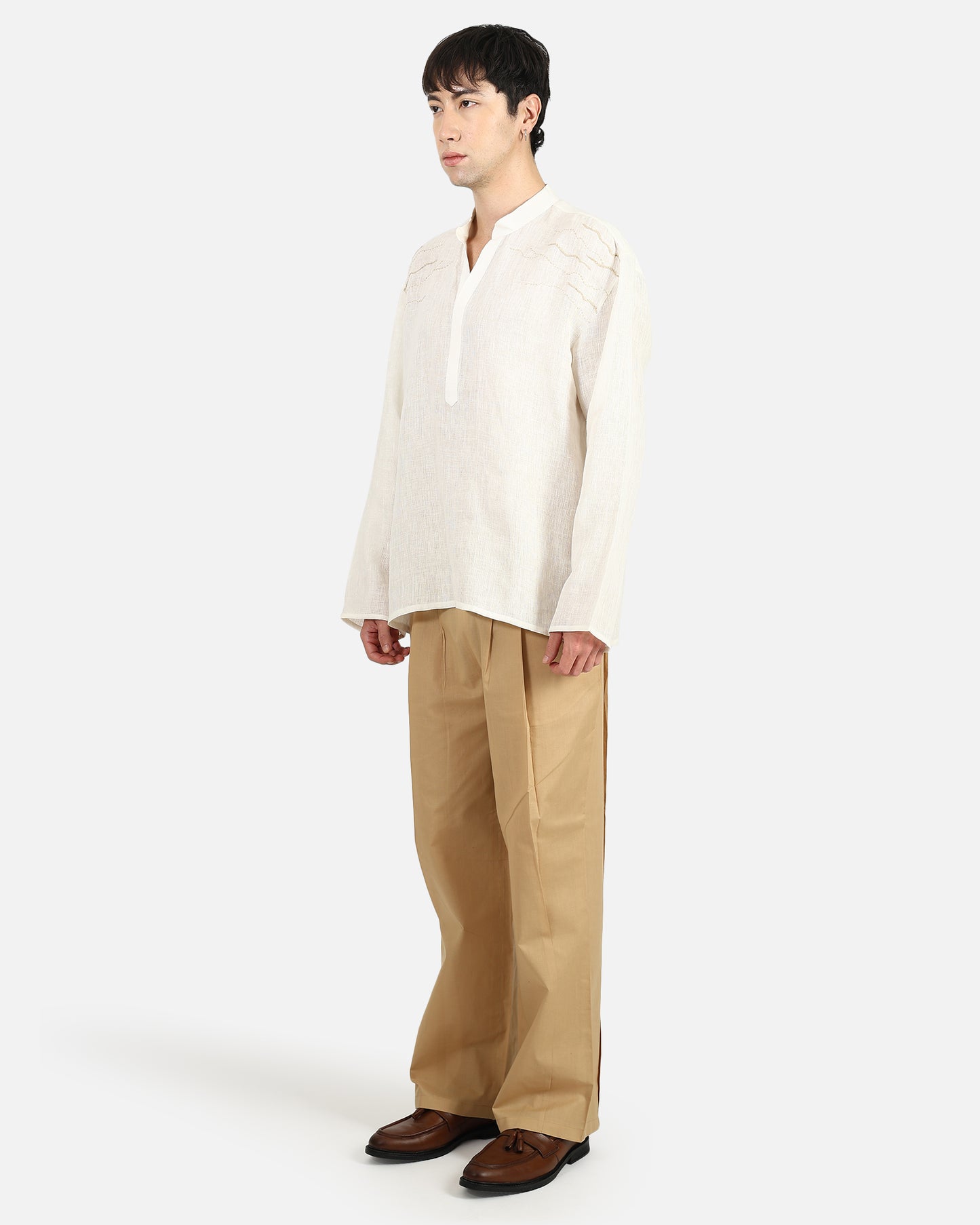 Mandarin Collar Linen Pullover Shirt