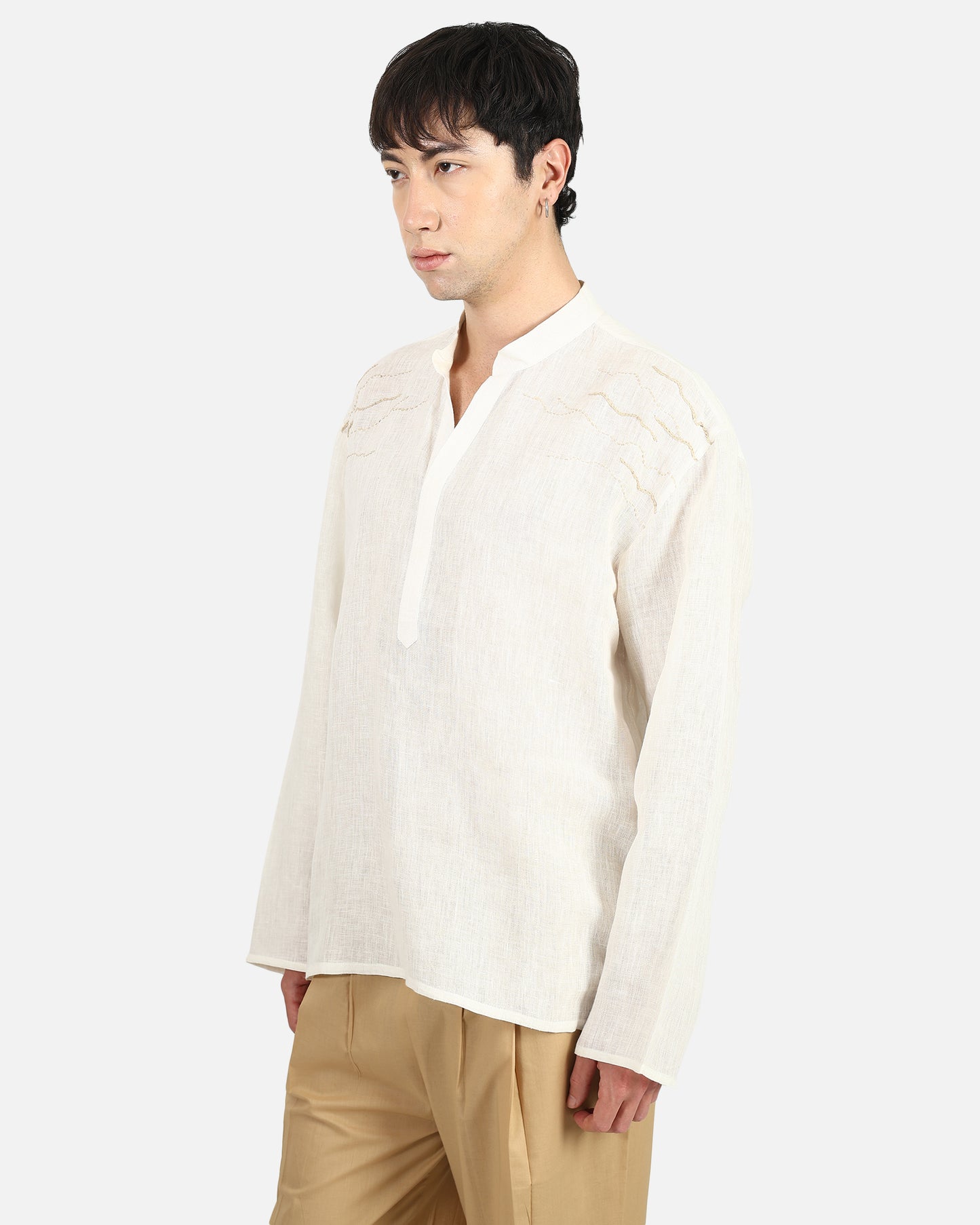 Mandarin Collar Linen Pullover Shirt