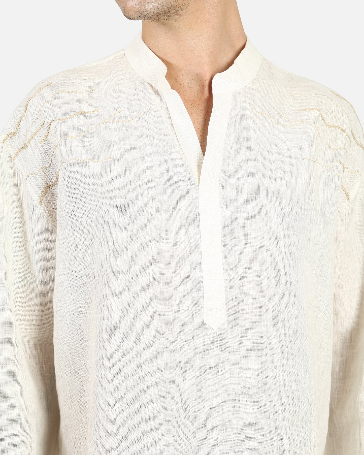 Mandarin Collar Linen Pullover Shirt